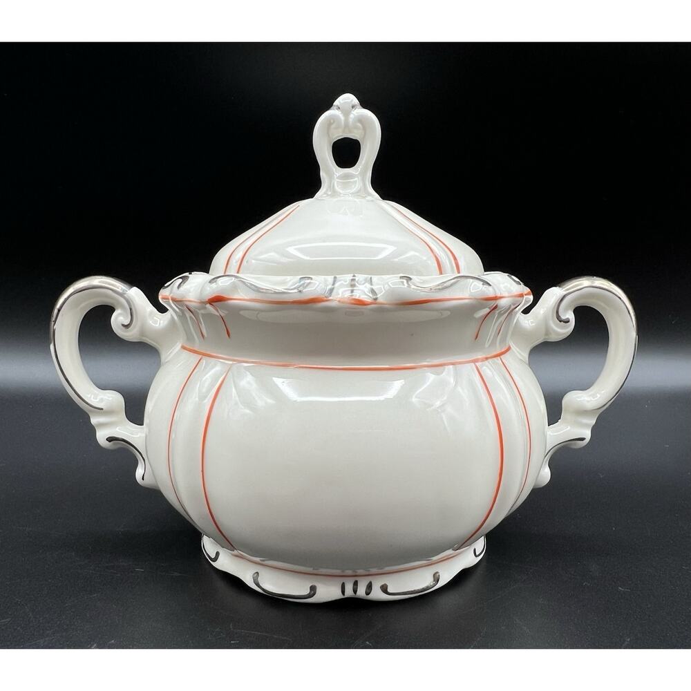 Mitterteich Bavaria Cream Porcelain Lidded Sugar Bowl Orange & Silver Germany
